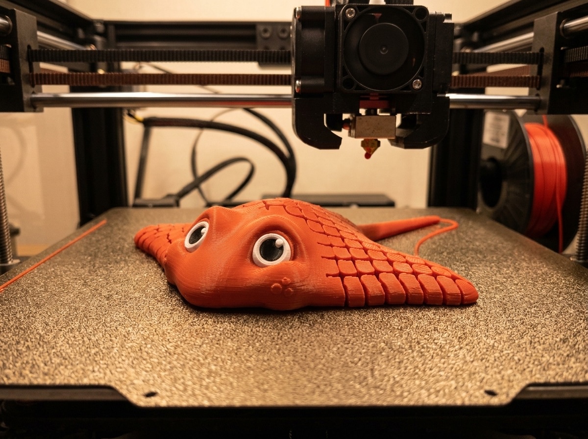 3D프린터 빌드 플레이트 위에 날개를 펼친 채 완성된 관절 가오리 — 실제 제품 기반 연출 이미지(AI 생성 실사)